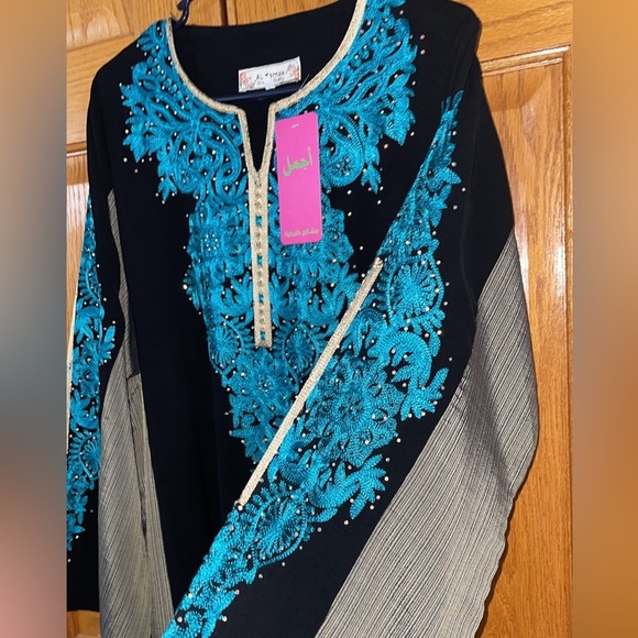 Middle Eastern Dress Abaya Kaftan Plus Size 2X-3X Black Blue Embroidery Beaded - Picture 3 of 7